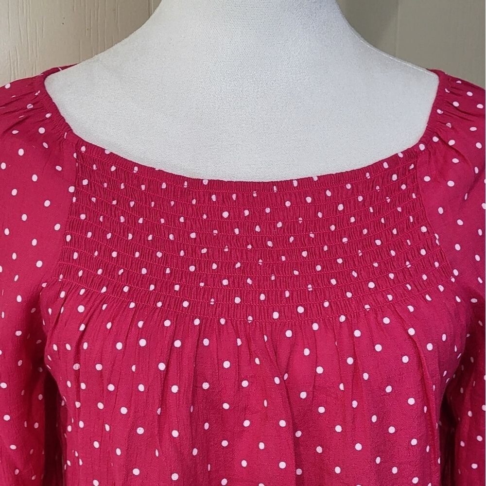 Counterparts Women's Hot Pink Polka Dot Smocked Long Sleeve Blouse Size Small 🐈 - Picture 4 of 10
